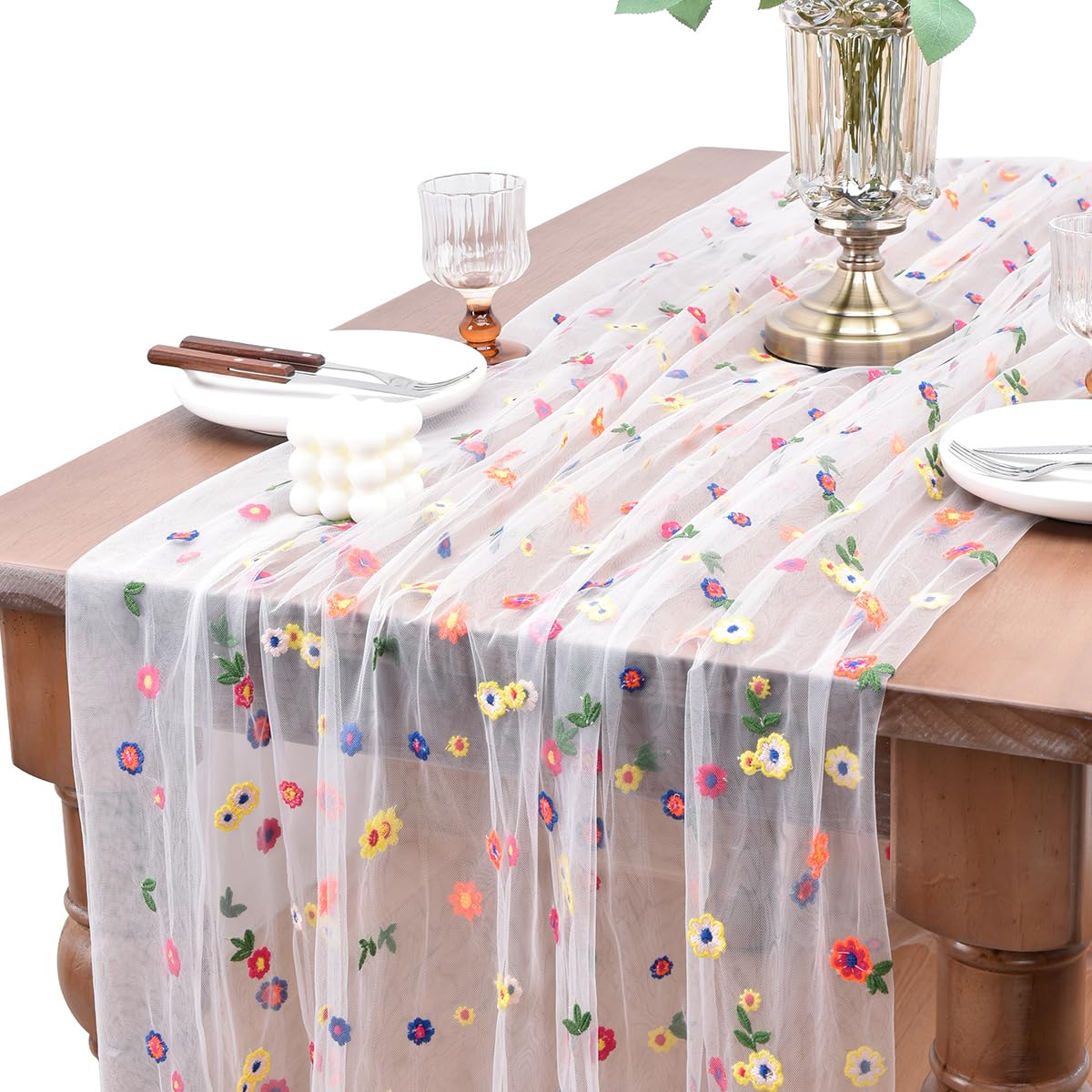Ivory Embroidery Daisy Spring Summer Table Runner 10ft Florals Seasonal Easter Tulle Table Runner Holiday Kitchen Dining Table Decoration for Home Party Indoor