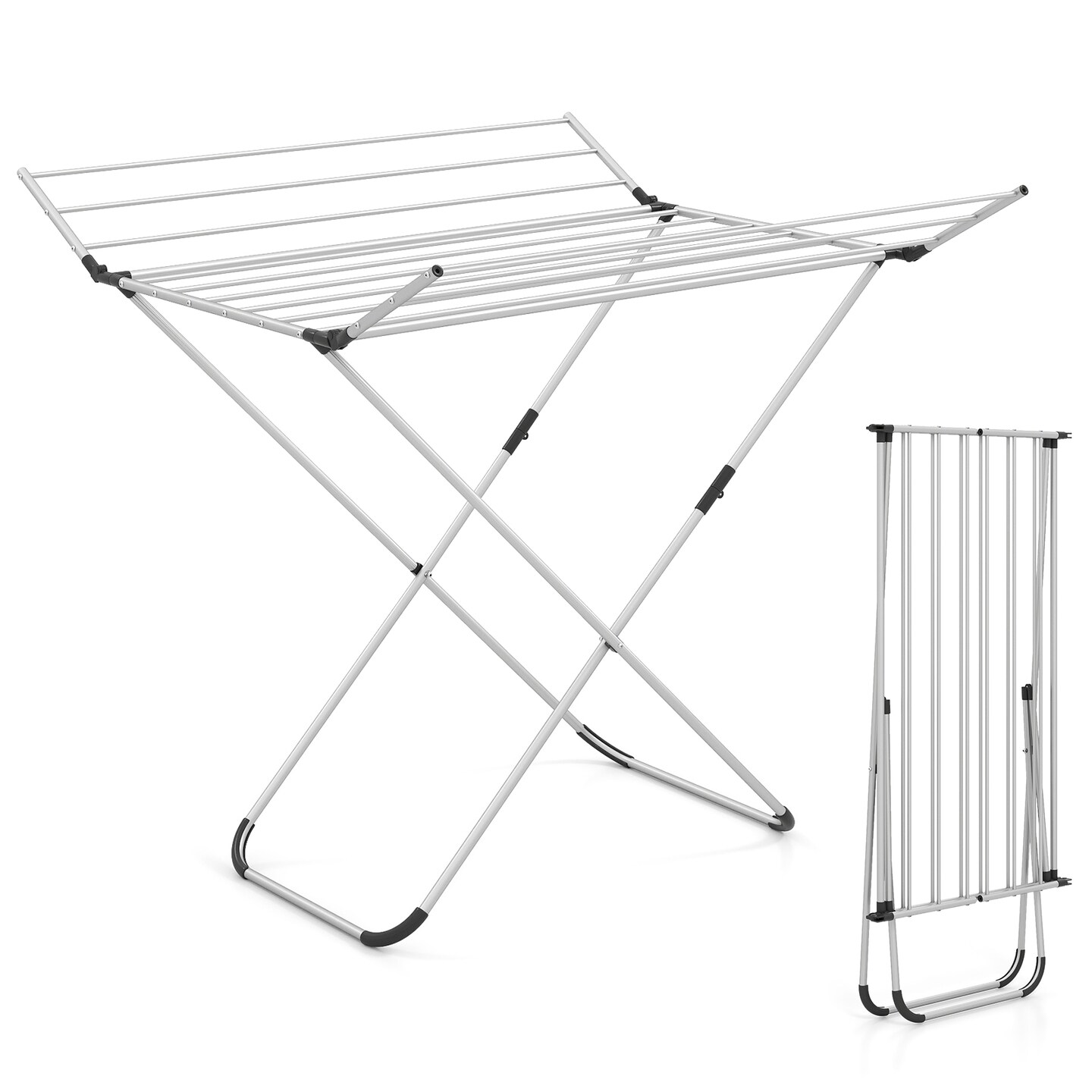 Foldable Clothes Drying Rack with Side Wings No Assembly Silver