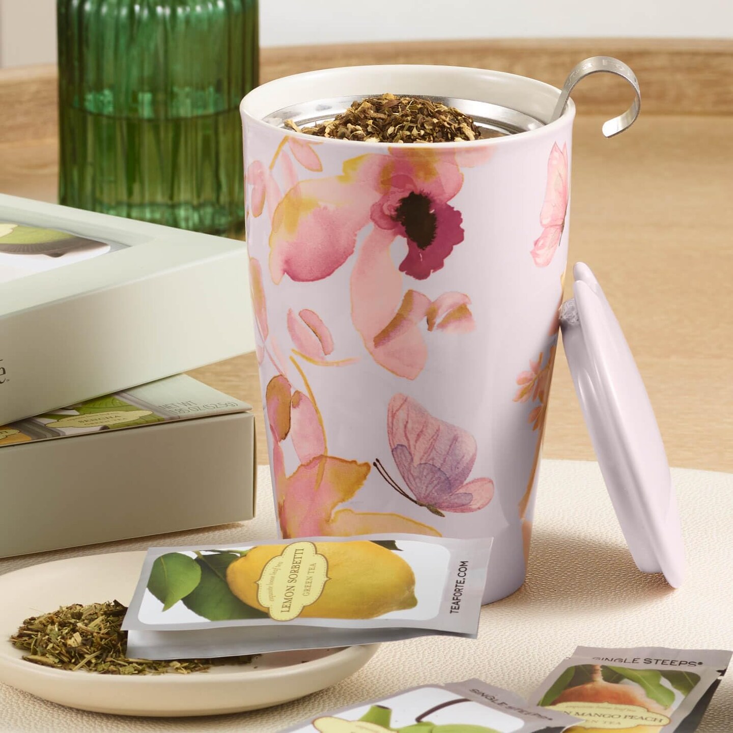 Tea Forte Double-Walled Ceramic Kati Cup, Removable Stainless Steel Infuser Basket and Lid, Steeps 12 oz Loose Leaf Tea, Dishwasher & Microwave Safe, Mariposa