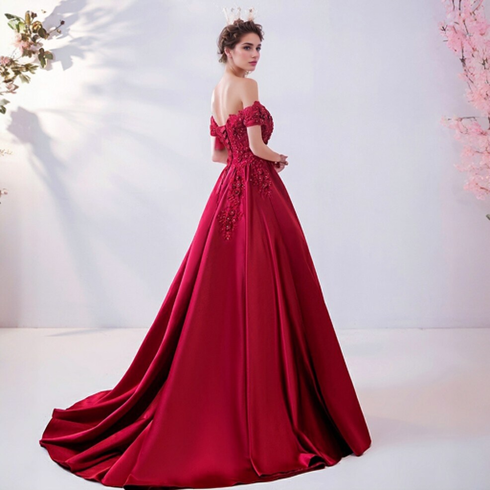 open lace back dress Off-the-shoulder Red Beaded Ball Gown Evening Dress Ruffles Wedding Go –  SELINADRESS main image 0