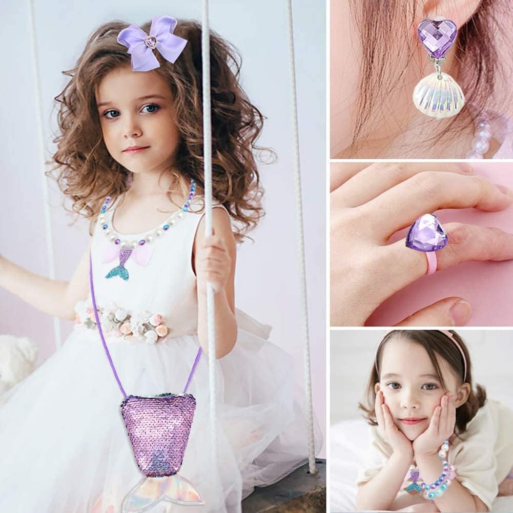 Princess Mermaid Costume Dress up Accessories for Girls Mermaid Gloves Tiara Crown Necklace Wand Earrings Bracelet Ring Princess Halloween Cosplay Accessories Christmas Gifts Set