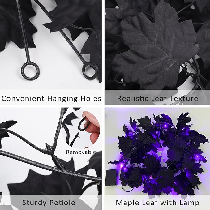 Halloween Garland with Purple Lights Black Leaf Garland Black Artificial Maple Leaves Decor Home Mantle Stairs Indoor, Fall Fake Garland Decorations Hanging Wall Door Outdoor,2 Pack (Purple)
