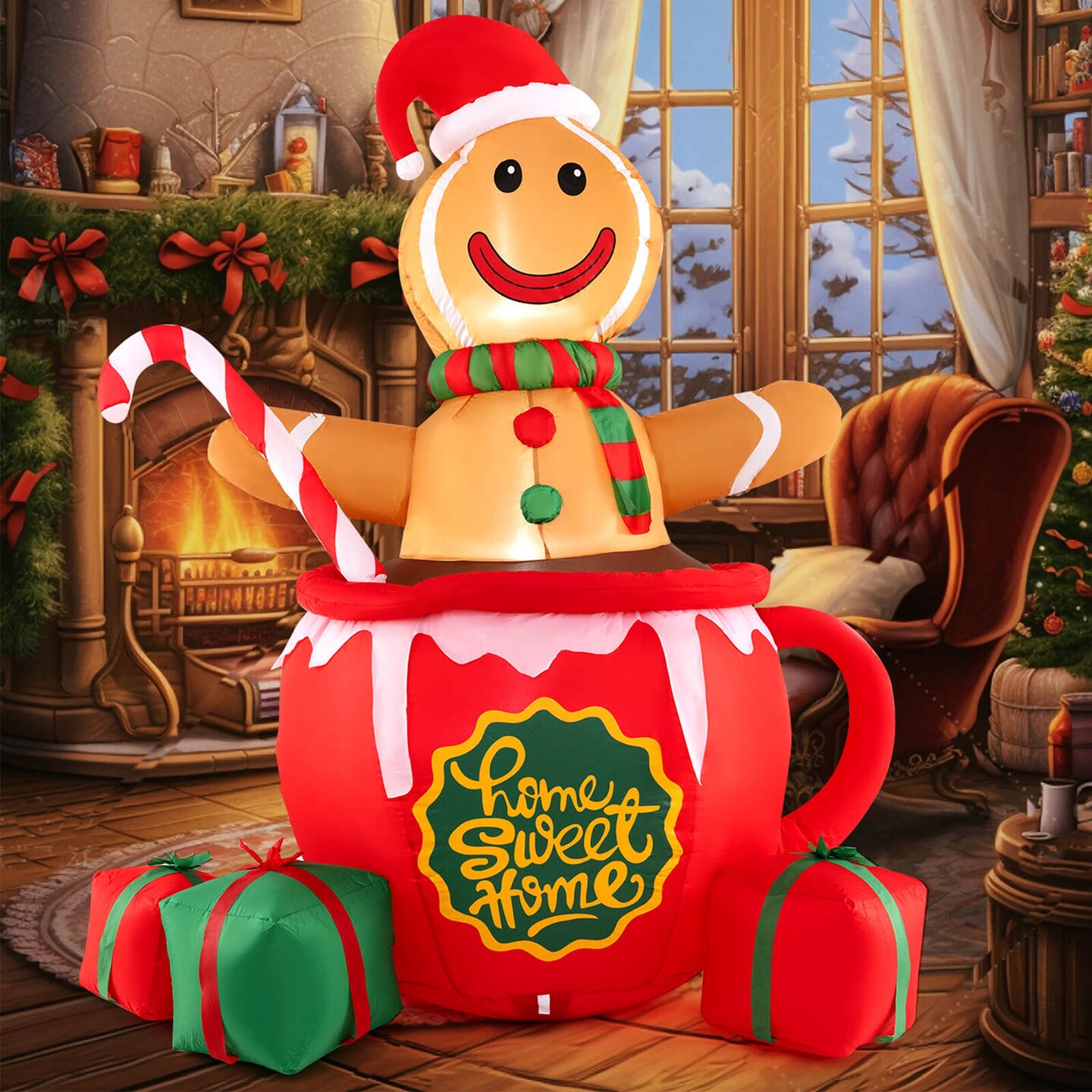 Costway 7 FT Christmas Inflatable Blow up Pre-Lit Gingerbread Man in Mug with Gift Boxes