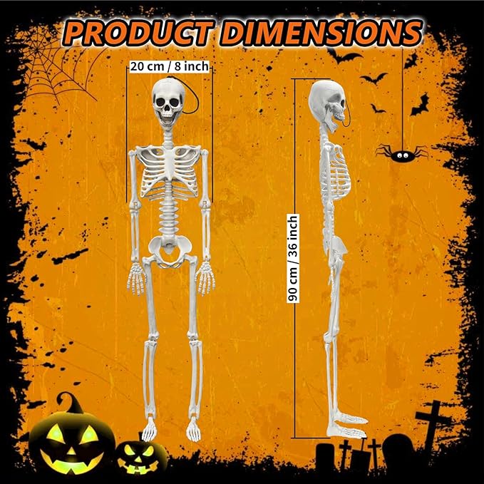 36&#x22; Skeleton Halloween Decor, 3FT Posable Halloween Skeleton Decorations, Realistic Full Body Plastic Skeleton for Halloween Party Decor, Haunted House Graveyard Props Indoor Outdoor Decorations
