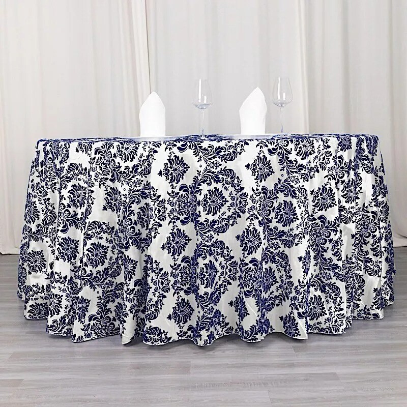 120&#x22; Royal Blue Damask Flocked Table Top Round Tablecloth Wedding Party Linens