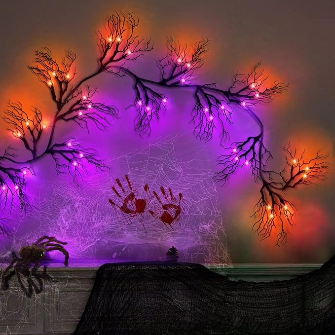 Willow Vine Twig Halloween Garland Decorations Orange &#x26; Purple Lights, Battery Operated Waterproof Halloween Decorations for Home Wall Fireplace Mantle Decor