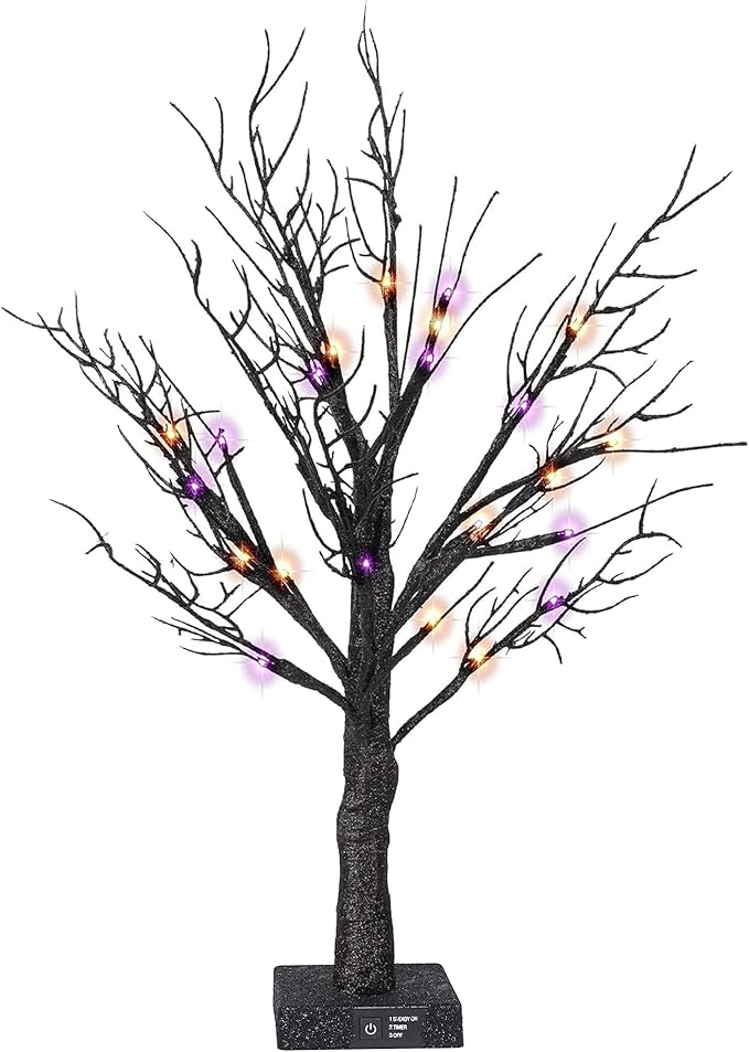 2FT Halloween Battery Operated Tree Lights with Spider Web and Spider, Indoor Table Desktop Holiday Decorations (Purple &#x26; Orange)