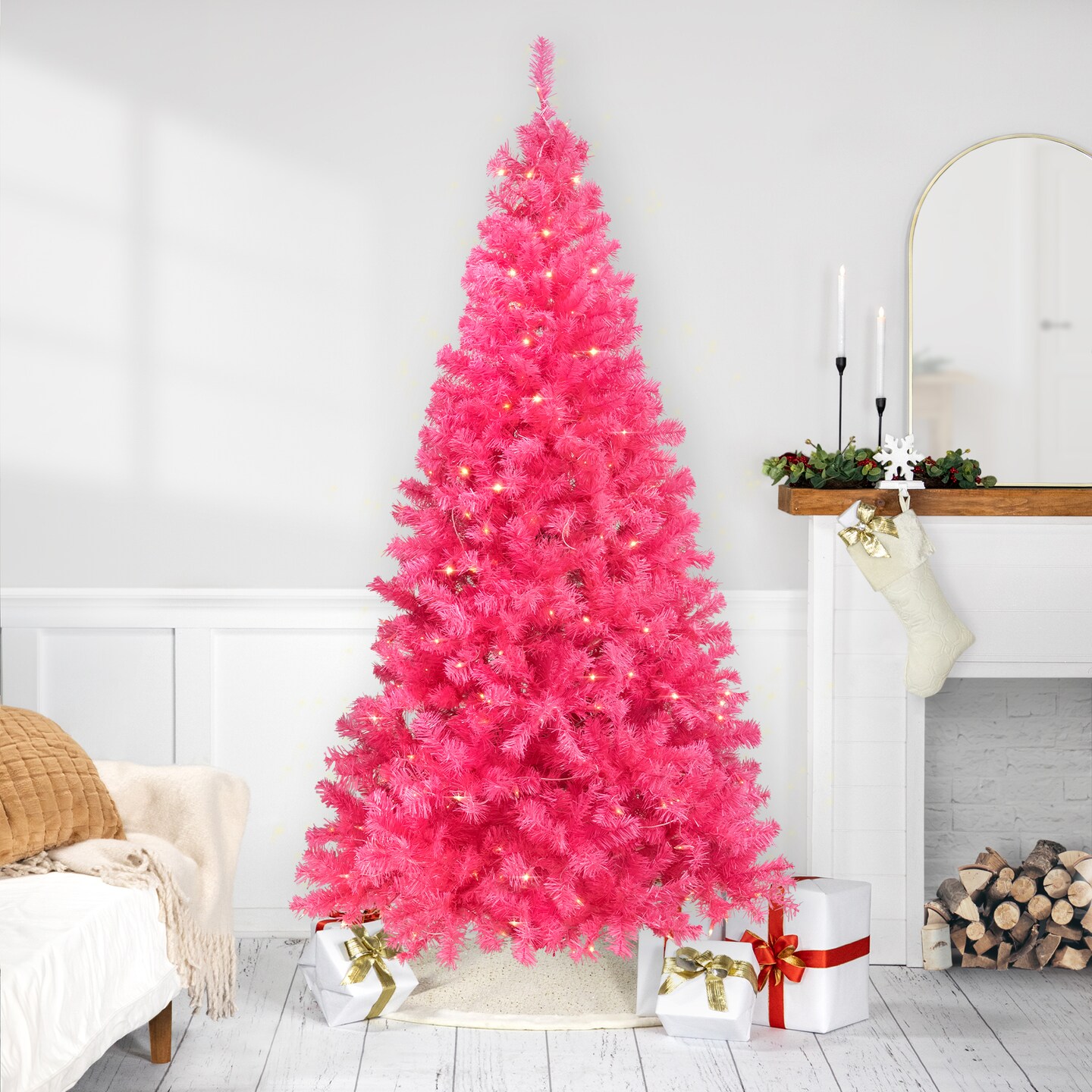 Northlight Pre-Lit Artificial Tinsel Christmas Tree - Pink - 9&#x27; - Clear Lights