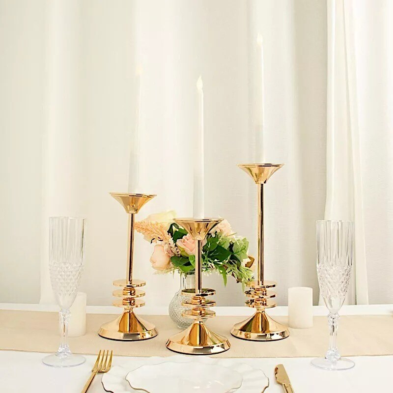 3 Gold Taper Candle Holders 3-Disk Design Pedestal Candlestick Stands Events