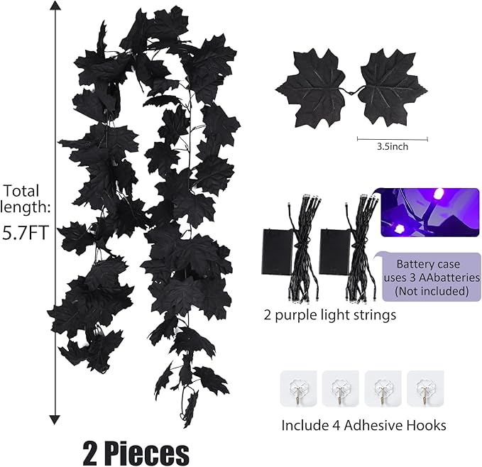 Halloween Garland with Purple Lights Black Leaf Garland Black Artificial Maple Leaves Decor Home Mantle Stairs Indoor, Fall Fake Garland Decorations Hanging Wall Door Outdoor,2 Pack (Purple)