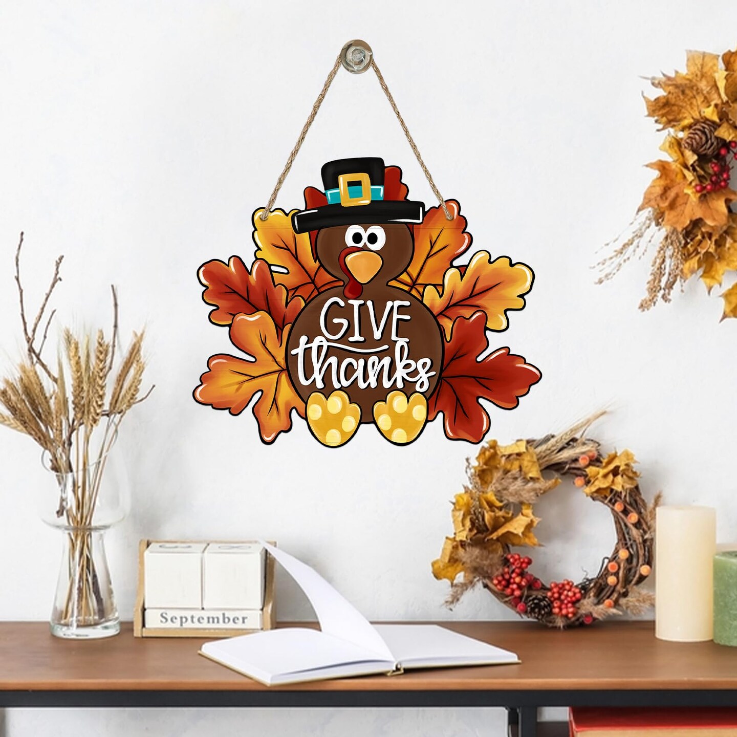 Deroro Give Thanks Sign Turkey Front Door Decor Thanksgiving Day Wood Door Hanger, Fall Wooden Thankful Wreath Hanging Decoration for Outdoor Outside Porch