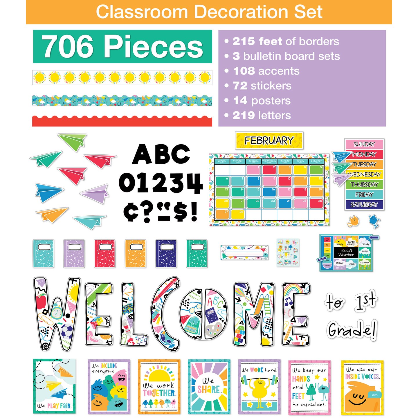 Carson Dellosa Education; Carson Dellosa Happy Place 706PC Teacher Supplies, Calendar, Welcome Banner, Borders, Posters, Stickers, Name Labels for Kids and More Back to School Decorations for Bulletin Board and Classroom Decor; Category:Bulletin Board Sets; Image:1