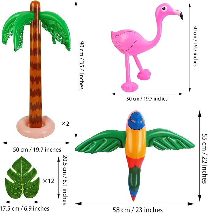 Yetech Opblaasbare Palmbomen Set - 9 Stuks - Hawaïaans Feestdecoratie - Met Flamingo, Banaan, Dolfijn & Papegaai - Incl. Pomp