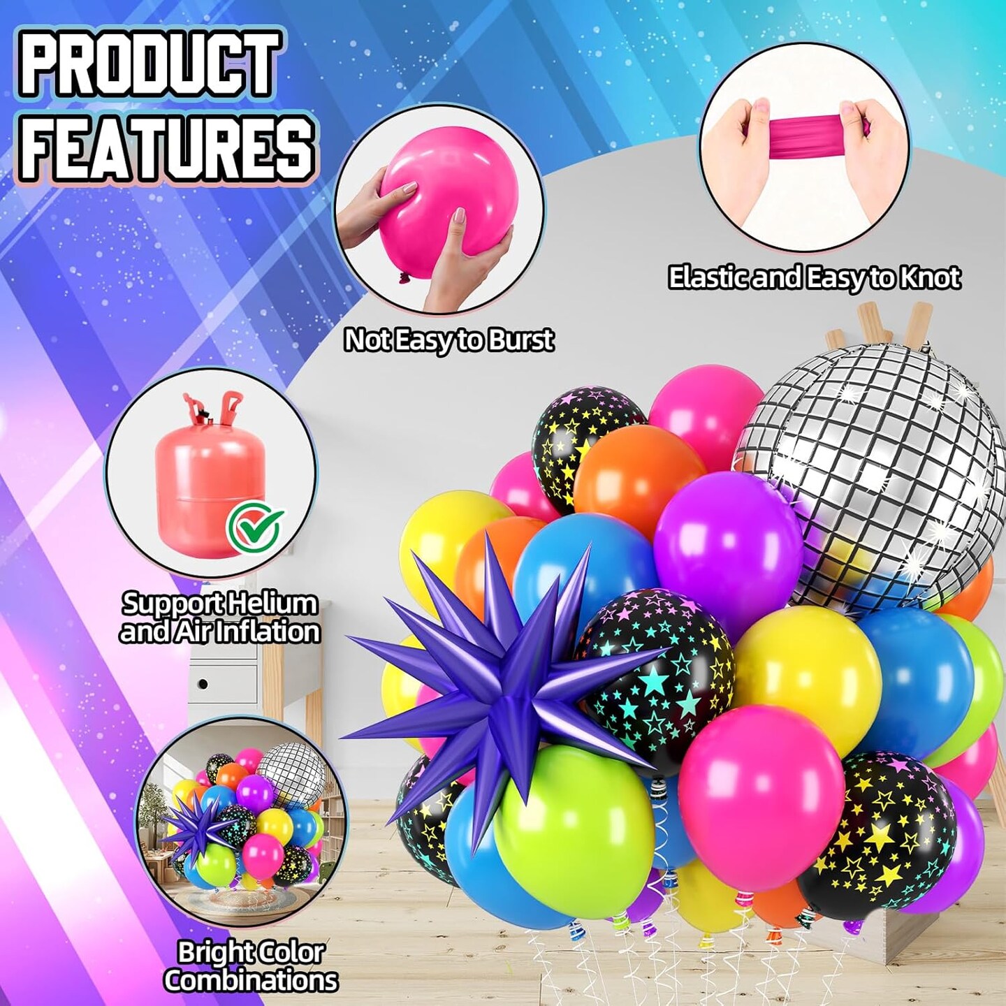 Neon Disco Balloons Set, 42-Piece Fluorescent Party Balloons with