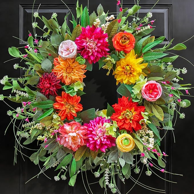 24-Inch Artificial Peony Dahlia Rose Spring & Summer Wreath