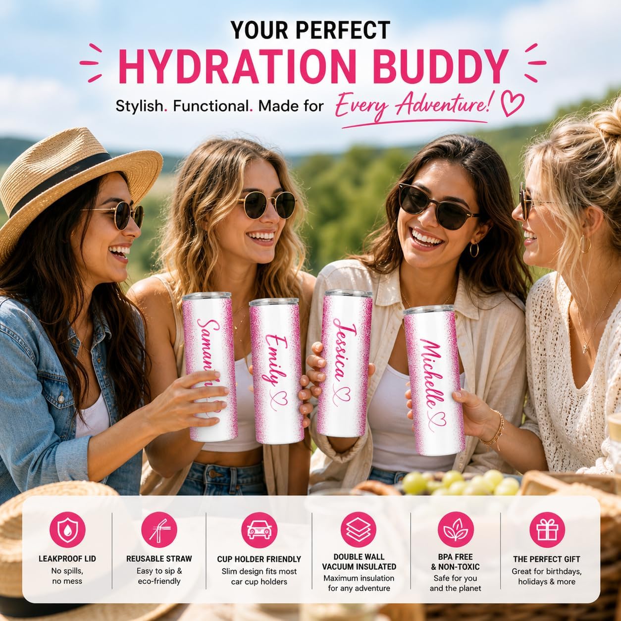 Personalized 20oz Stainless Steel Tumbler with Lid & Straw – Pink