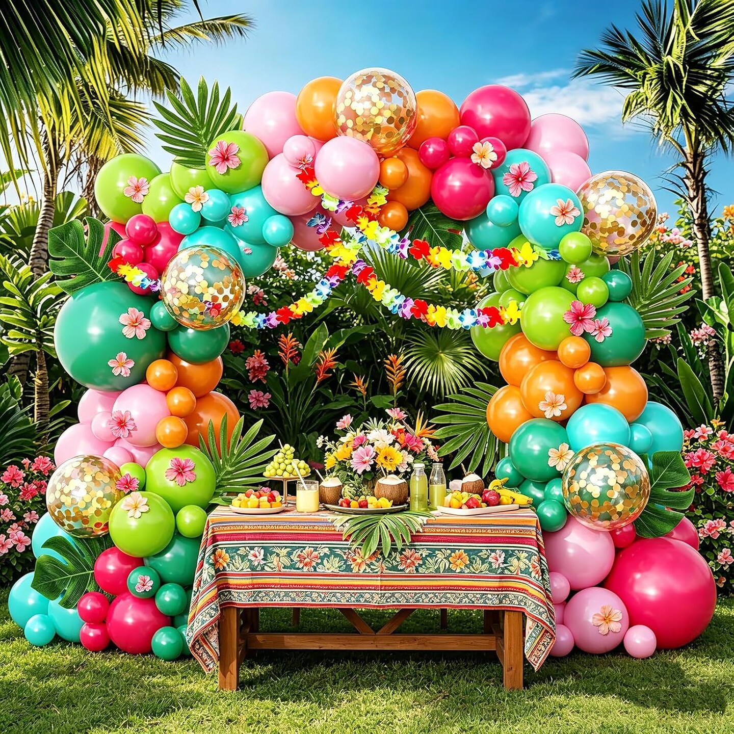 136pcs Tropical Balloon Arch Kit – Hawaiian Luau Party Decorations with Hot Pink, Green, Teal, Orange & Gold Confetti Balloons – Palm Leaves & Flower Lei Garland for Summer, Birthday & Beach Party