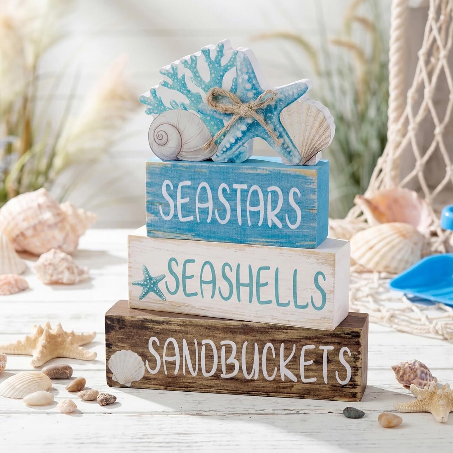 Beach Coastal Wooden Table Centerpiece Set – 4-Piece Ocean Blue