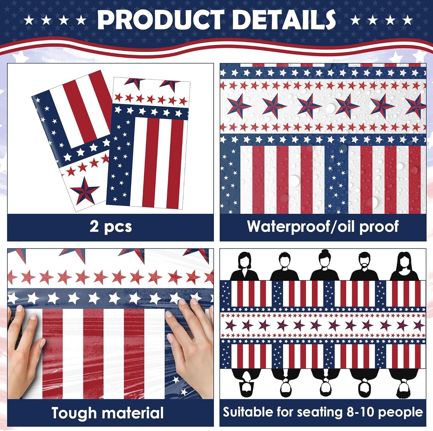 4th of July Table Cloths – 2 Pack Red White and Blue Disposable Patriotic Table Covers, 54" x 108", American Flag Independence Day Decorations