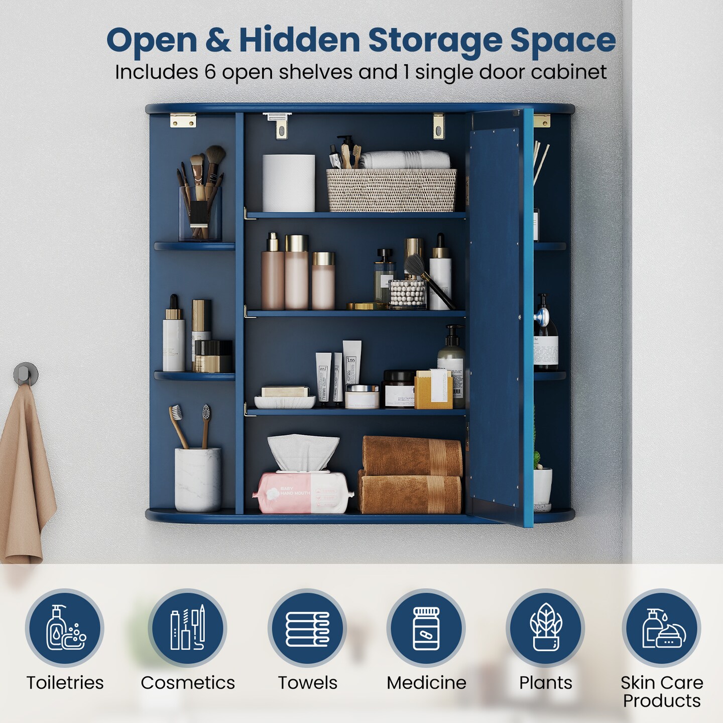 Bathroom Wall Cabinet MDF Mirrored Door 4 Shelves 6 Side Compartments