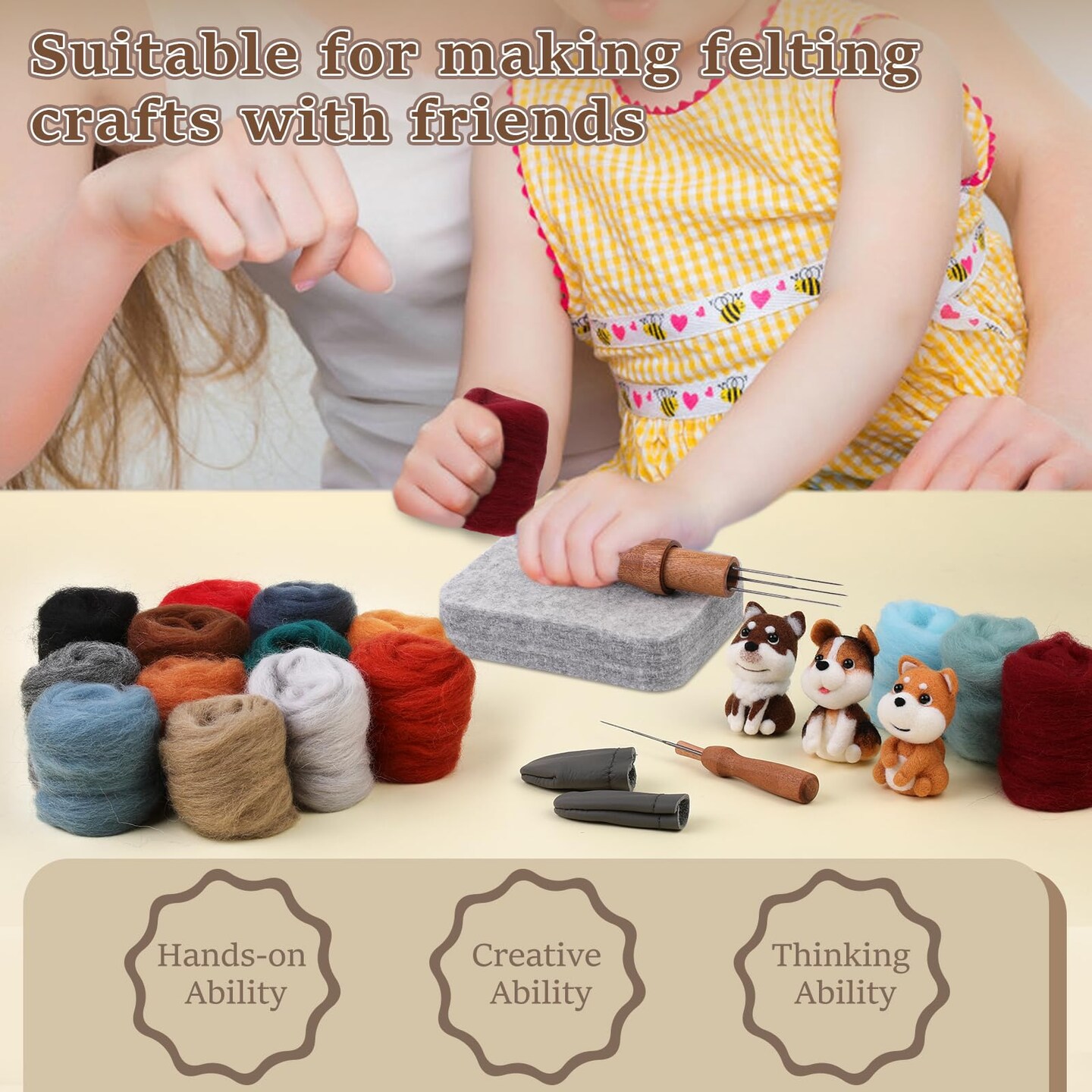 Needle Felting Kit, 24 Colors Felting Wool Kit with Felt Bag, Felting Needles, Pad, Felting Wool Bulk for DIY Needle Felting Beginner with Step by Step Instructions