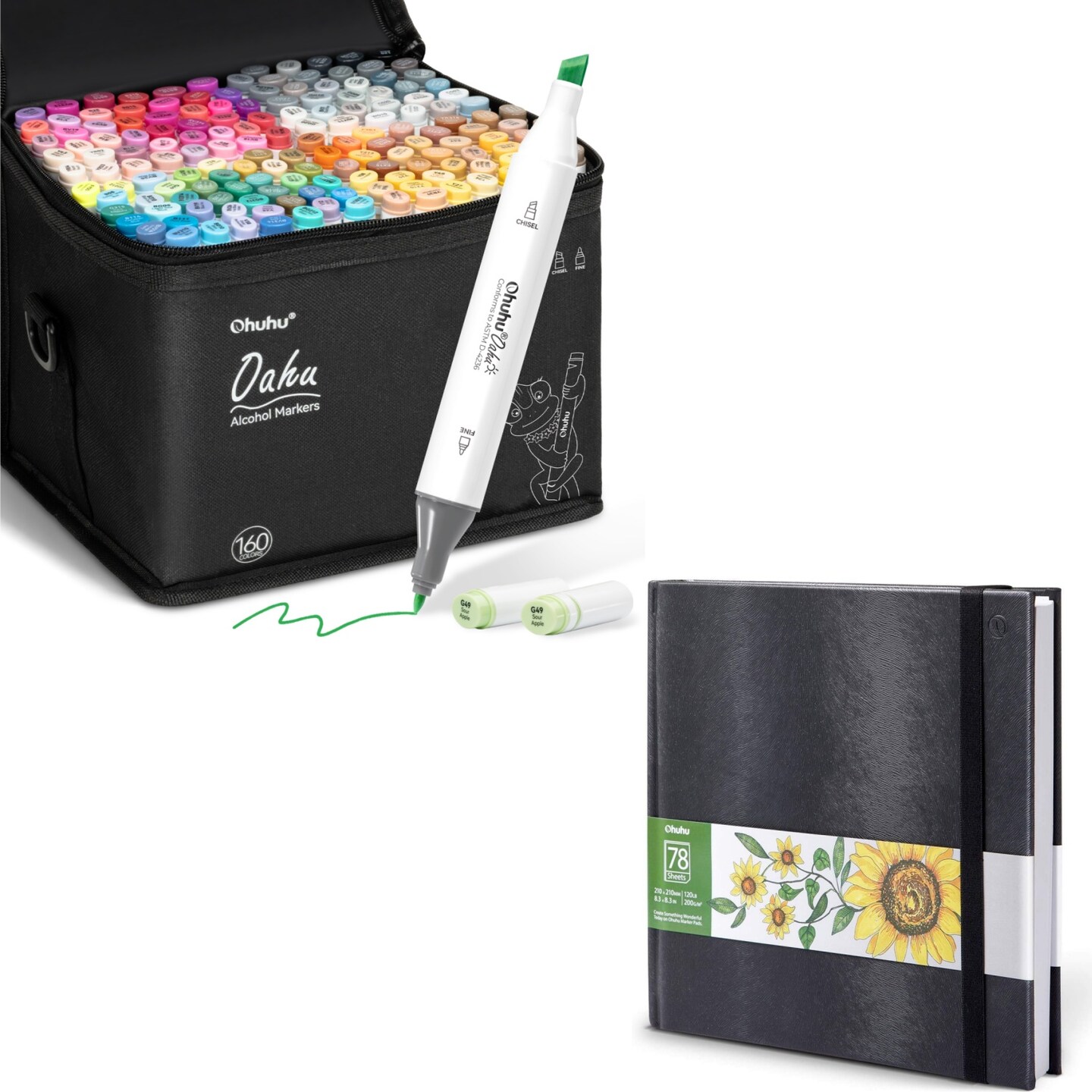Ohuhu Oahu 160 Colors Alcohol Markers + 8.3"x8.3" Sketchbook Marker Paper Pad