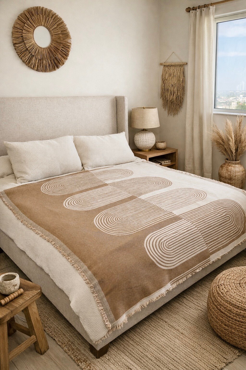 Neutral Textured Throw Blanket – Zulu Boho Woven Blanket, Cozy Modern Home Decor