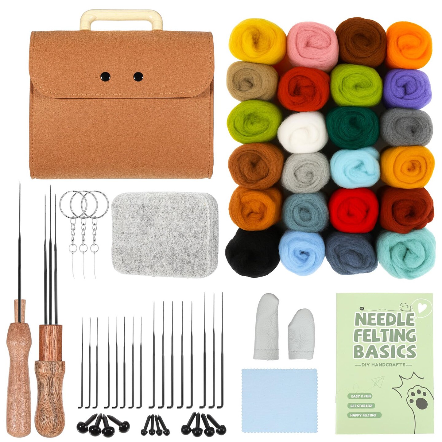 62 Pcs Needle Felting Kit, Felting Kits for Beginners Adult Including 24 Colors Wool Roving, Felt Needles, Felt Pad, Needle Handles, Finger Beds, Keychains, Fake Eyes, Storage Bag, Instruction