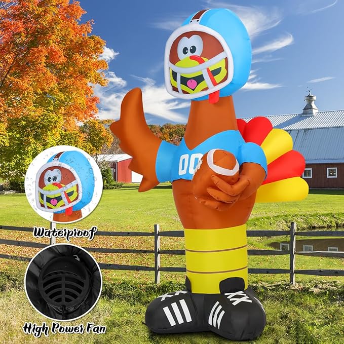 GOOSH 6 FT Thanksgiving lnflatable Turkey Blow Up Yarda Turkey with a Rugby with Built-in LEDs