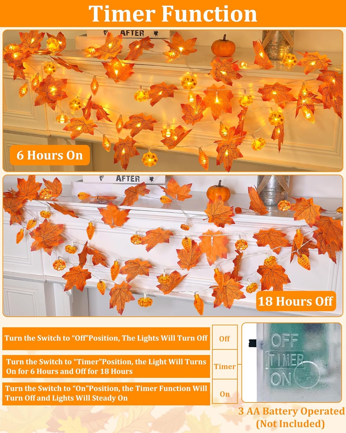 2-Pack 13FT Fall Garland with Pinecone & Pumpkin LED Lights – 60 LED Enlarged Maple Leaves, Battery-Operated Thanksgiving & Christmas Decorations with Timer (Orange)