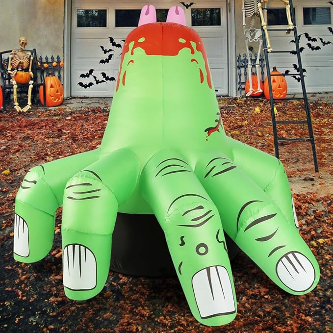 GOOSH 6 FT Halloween Inflatables Hand Blow Up Yard Scary Green Giant with Built-in LEDs