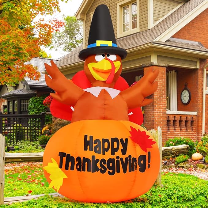 GOOSH 6 Ft Thanksgiving Inflatables Turkey Blow Up Yard Ghost with Built-in LEDs