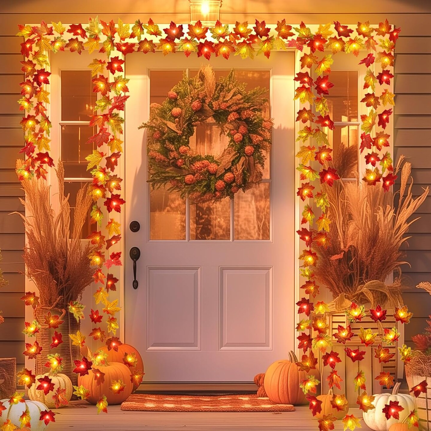 2-Pack 20FT Thanksgiving Garland with Pumpkin & Maple Leaf Lights – 40 LED Battery-Operated 3D Fall Leaves String Lights for Mantel, Table, Porch, Door, Indoor & Outdoor Decor (Orange)