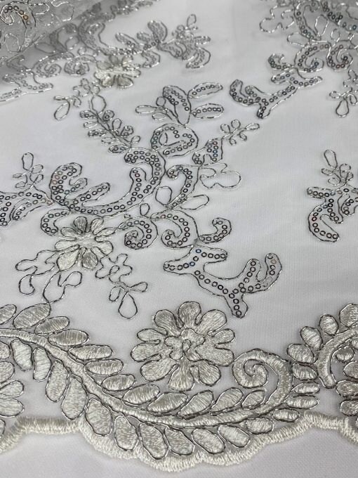 1 Yard White/Silver Lace Fabric, Corded Mesh with Sequins & Scalloped Edges 54″ Wide