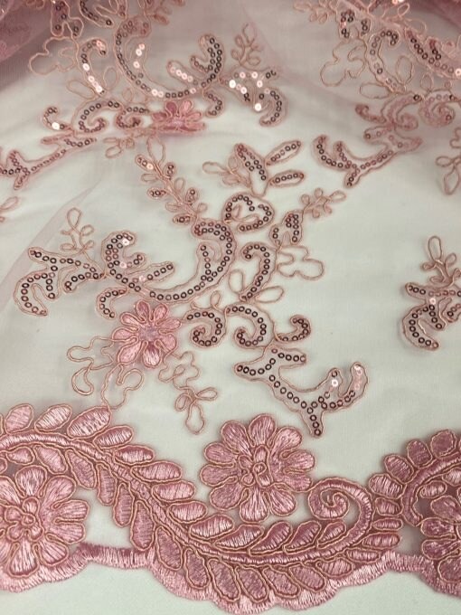 1 Yard Light Pink Corded Sequin Lace Mesh Fabric with Double Scalloped Edge 54” Wide