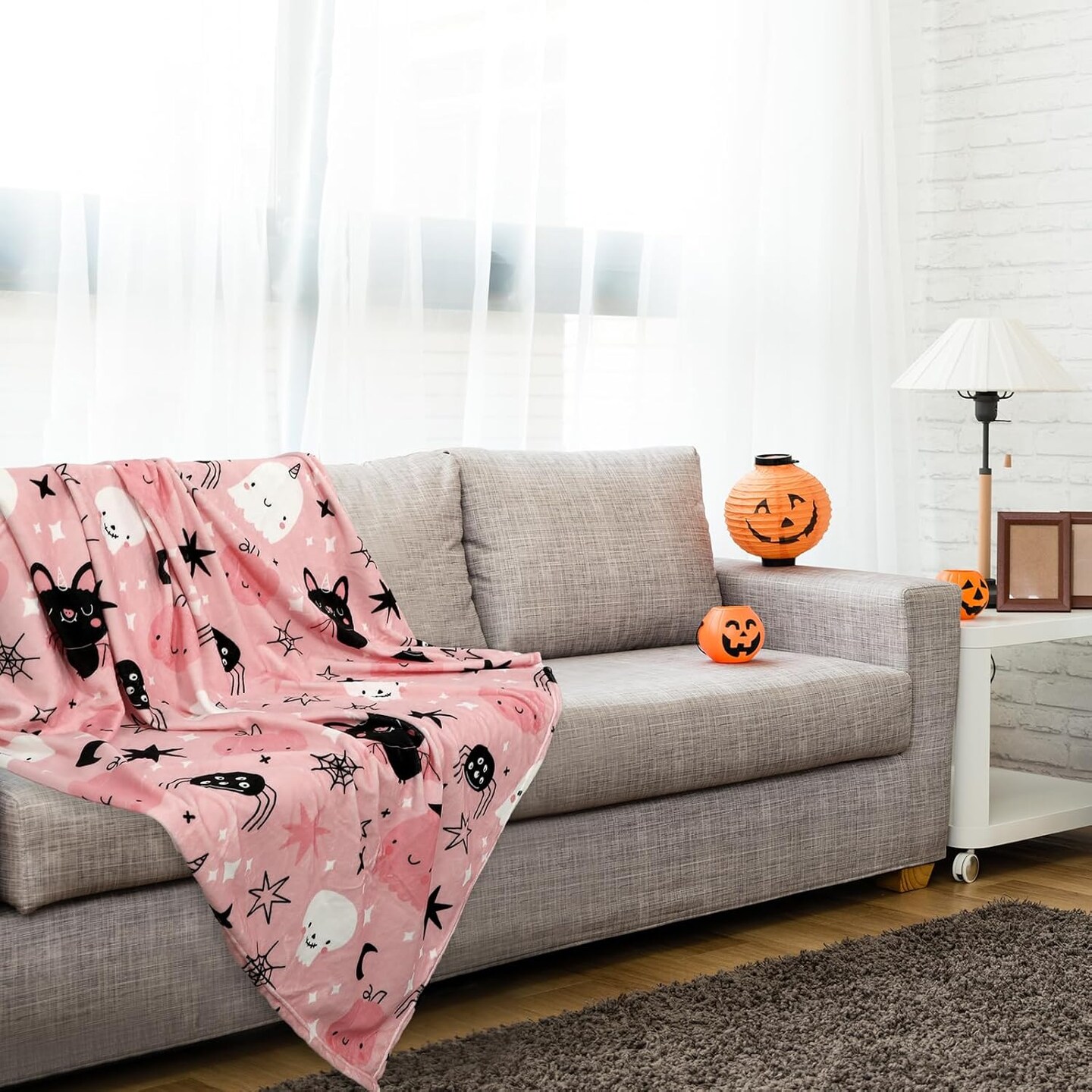 Halloween Fuzzy Blanket Pink Cute Pumpkin Ghost Bat(Pink Ghost Bats)