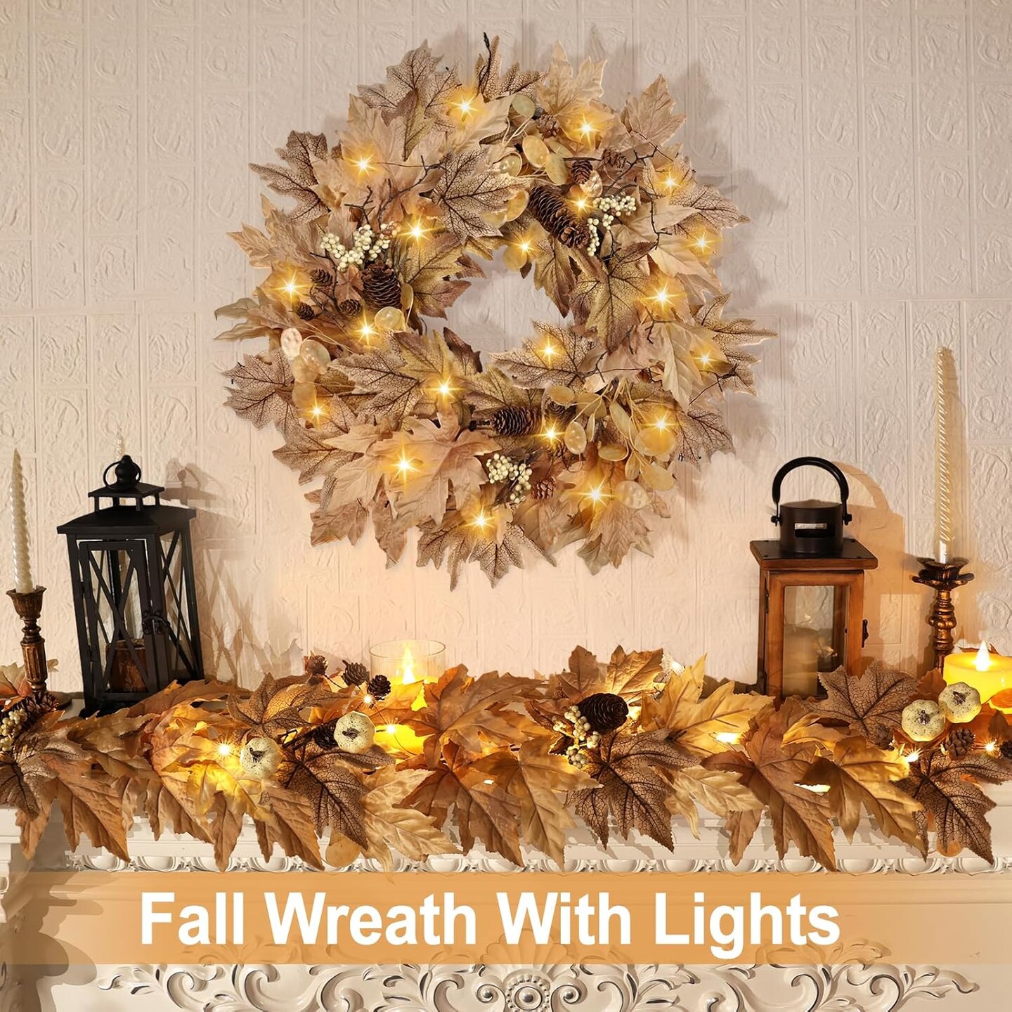 22 Inch Fall Wreaths for Front Door Outside Timer Function(Fall Wheat-268)22&#x22;D x 22&#x22;W x 5&#x22;H