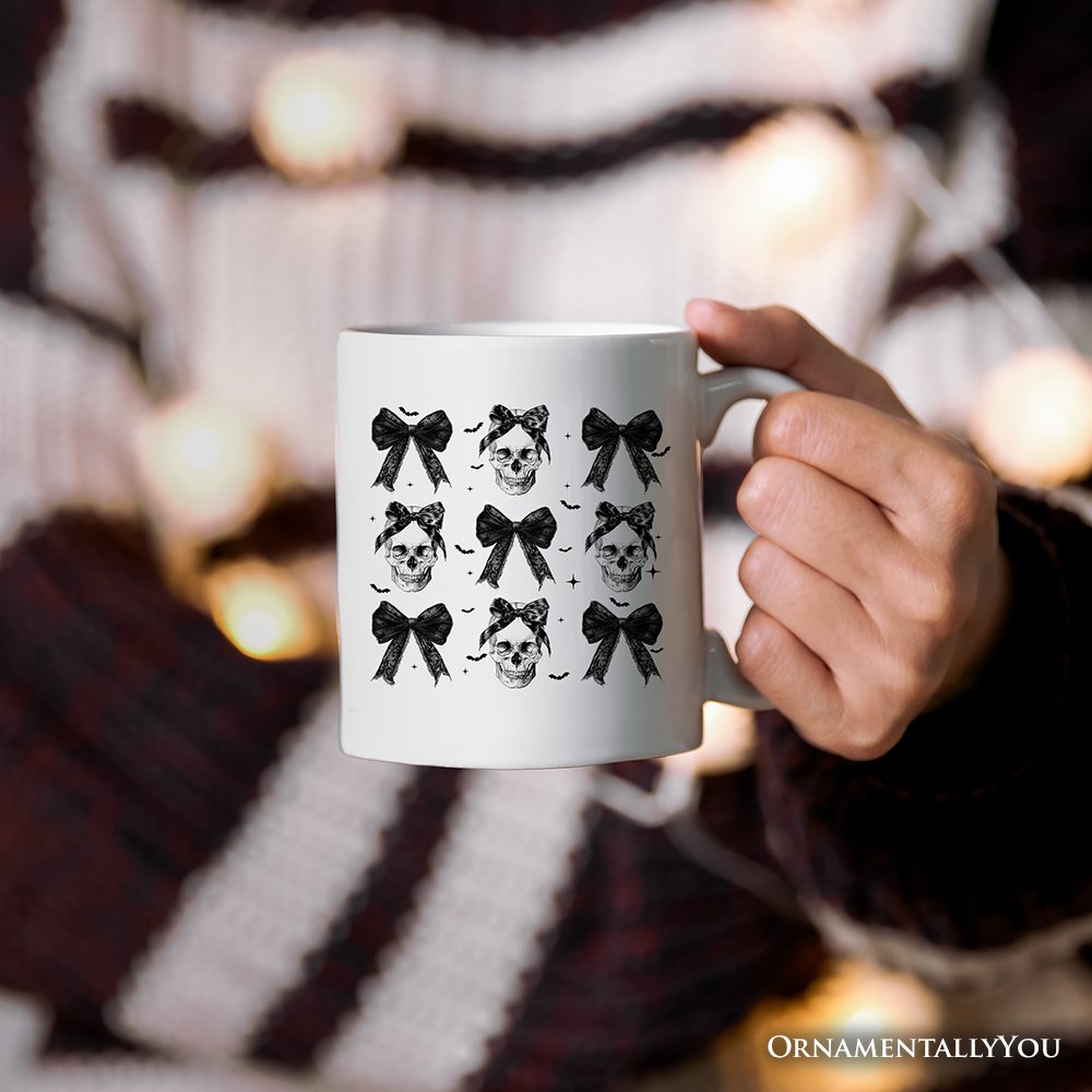 Coquette Skulls and Bows Mug, Gothic & Stylish Halloween Gift