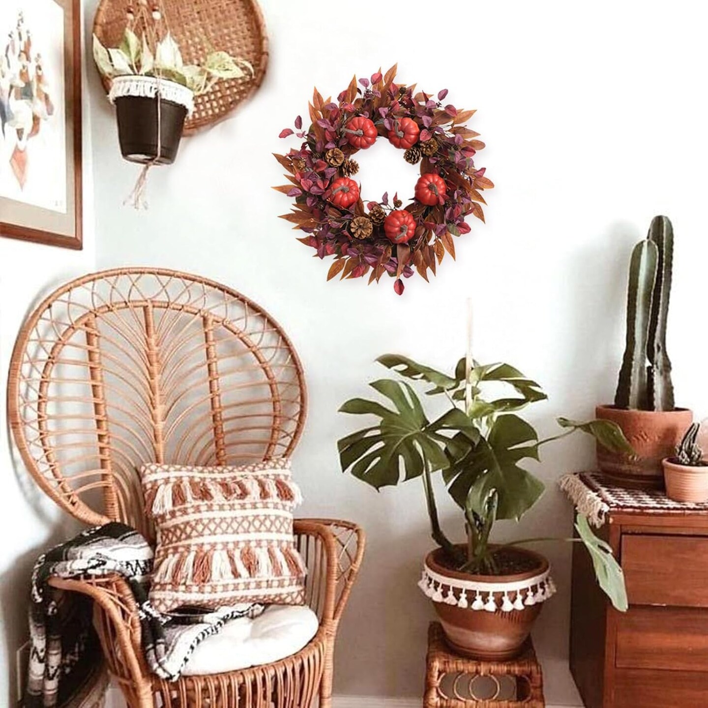 22 Inch Fall Wreath for Front Door(Deep Wine Red, Burgundy, Burnt Orange)14&#x22;D x 13&#x22;W x 2&#x22;H