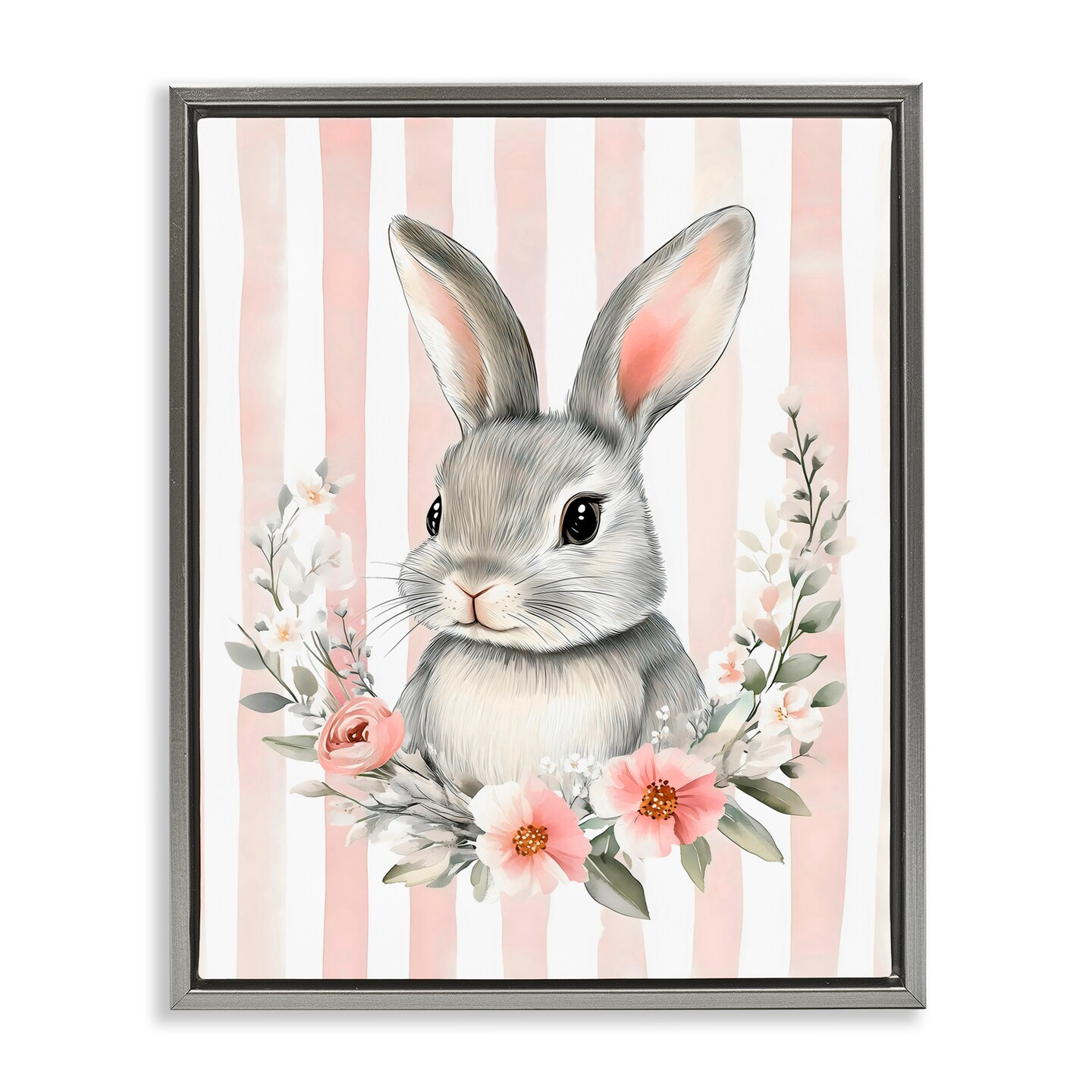 Stupell Industries Pink Striped Nursery Bunny Black Framed Floater Canvas Wall Art, design by Arlington Prints