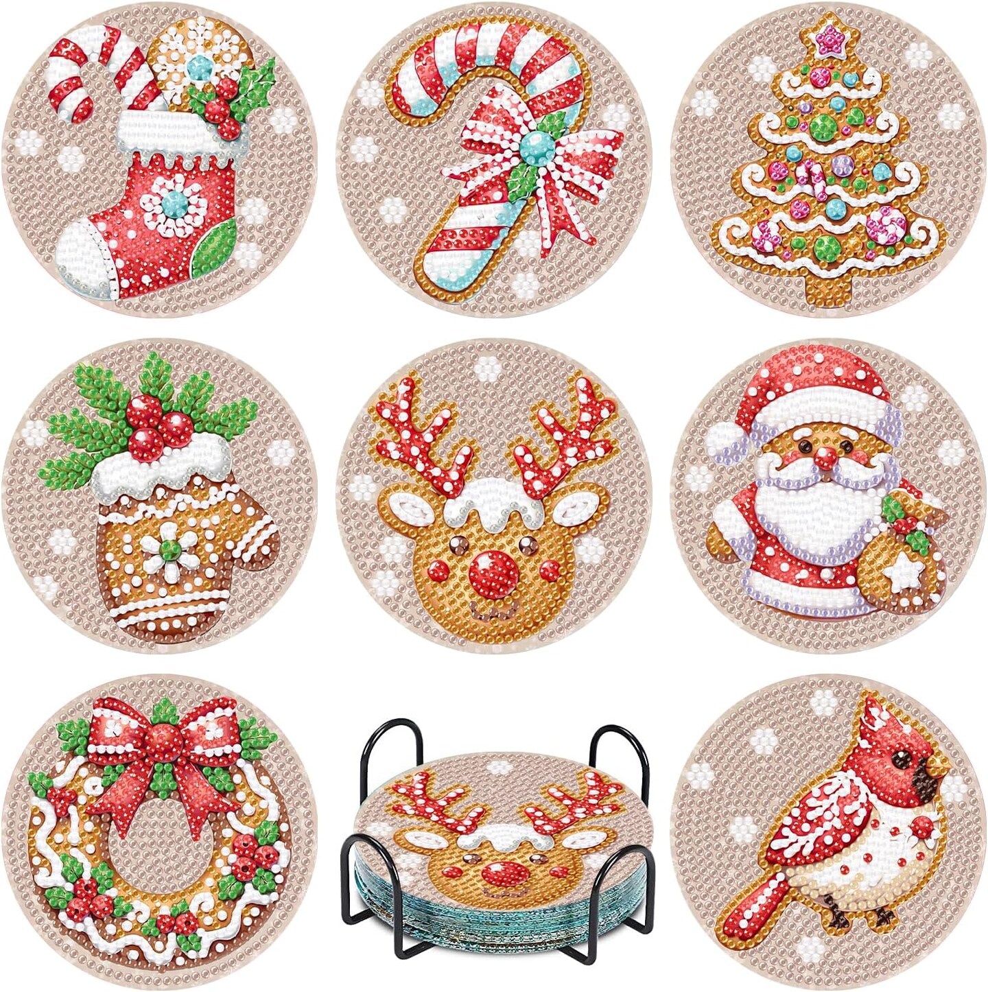 8 Pcs Christmas Diamond Painting Coasters Kit with Holder