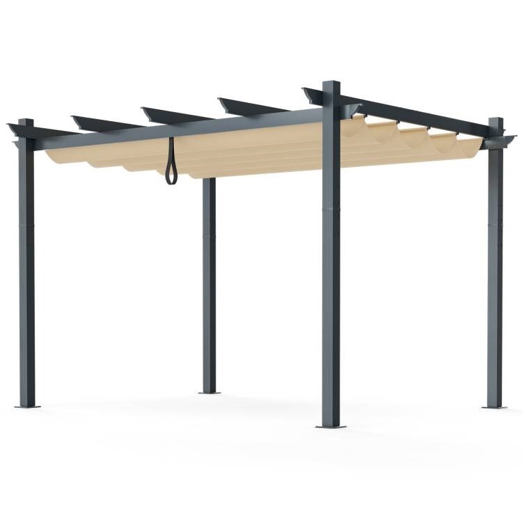 Modern 10x12 Ft Outdoor Pergola Gazebo with Retractable Beige Canopy and Aluminum Frame