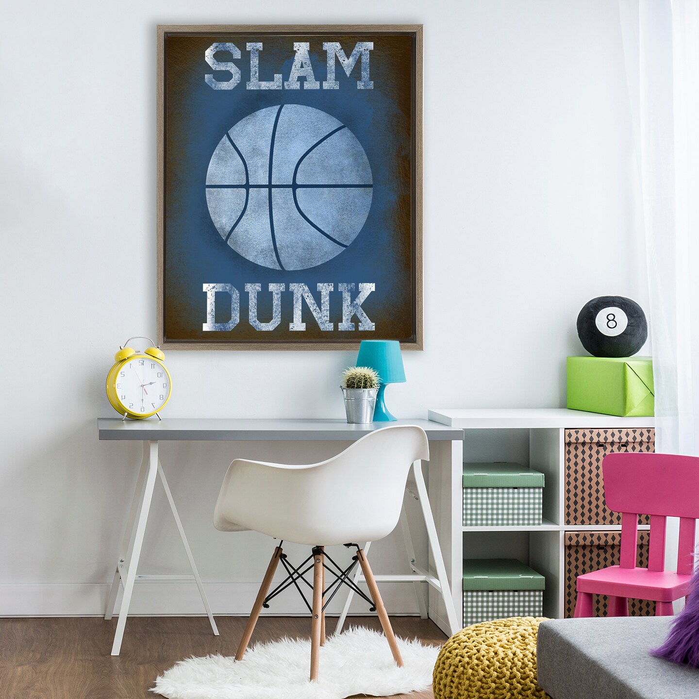 Stupell Industries Slam Dunk Navy Blue Sports Black Framed Floater Canvas Wall Art, design by Marcus Prime