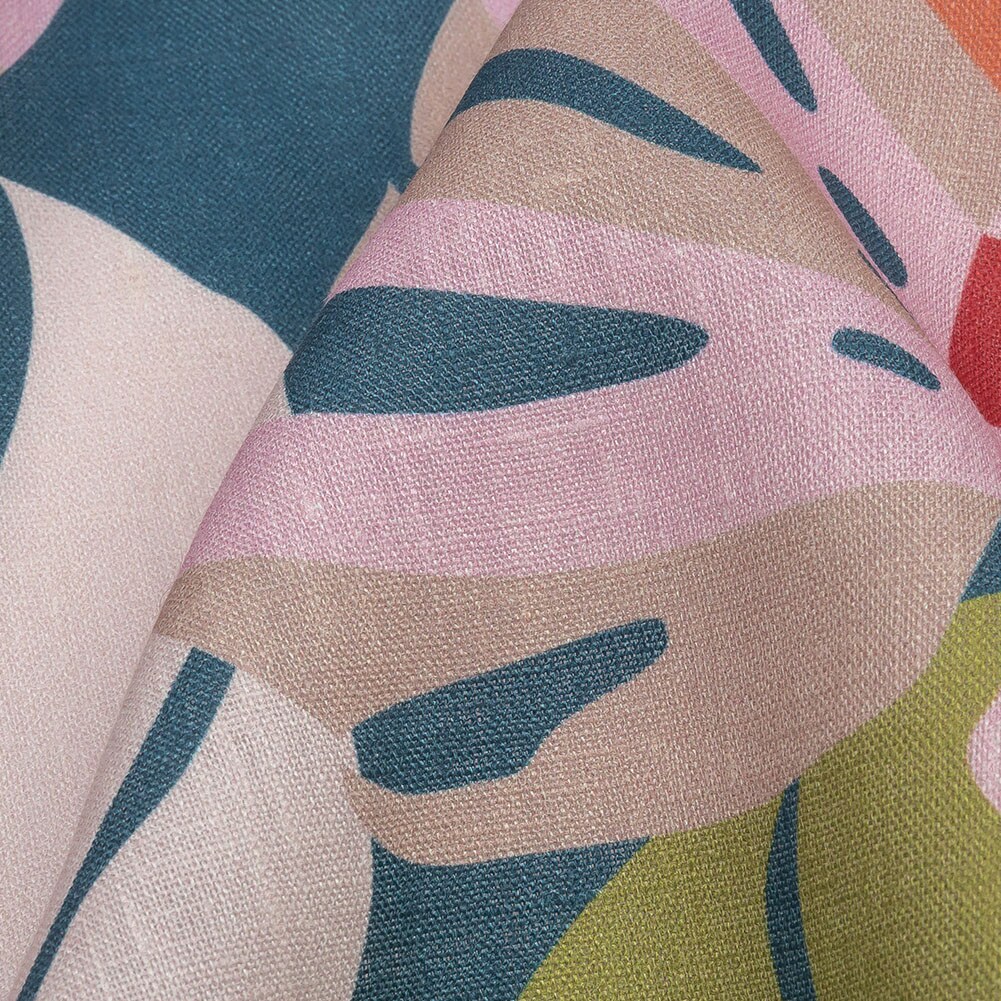 1 Yard Blush Lime and Indigo Palm Leaf Pop Medium Weight Linen Woven Fabric