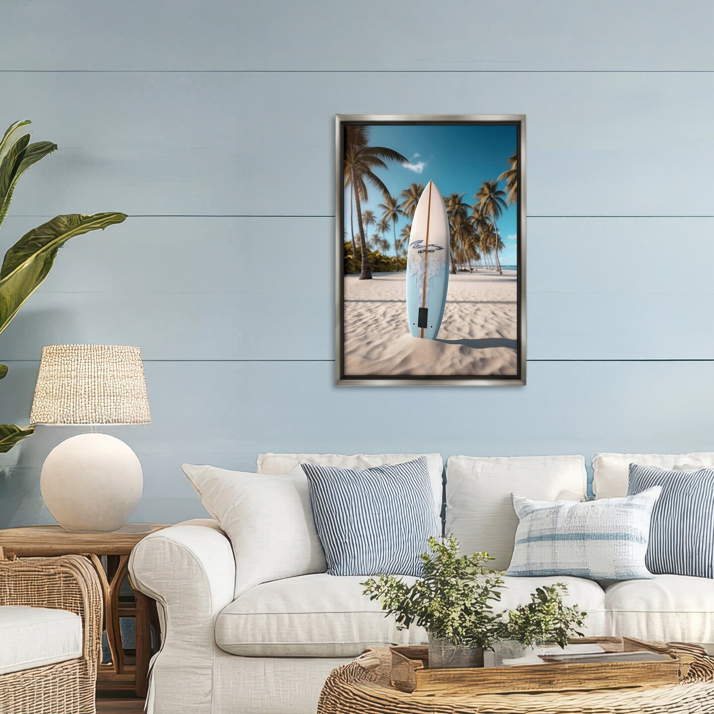 Stupell Industries Standing Surfboard Coastal Blur Black Framed Floater Canvas Wall Art, design by LSR Design Studio