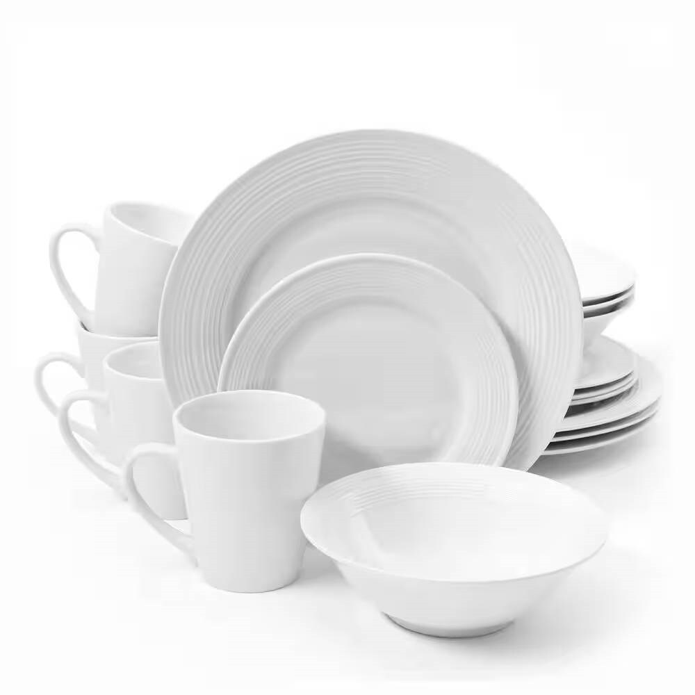 White Porcelain Ceramic 16 Piece Round Rim Dinnerware Set Plates Bowls Mugs Microwave Safe