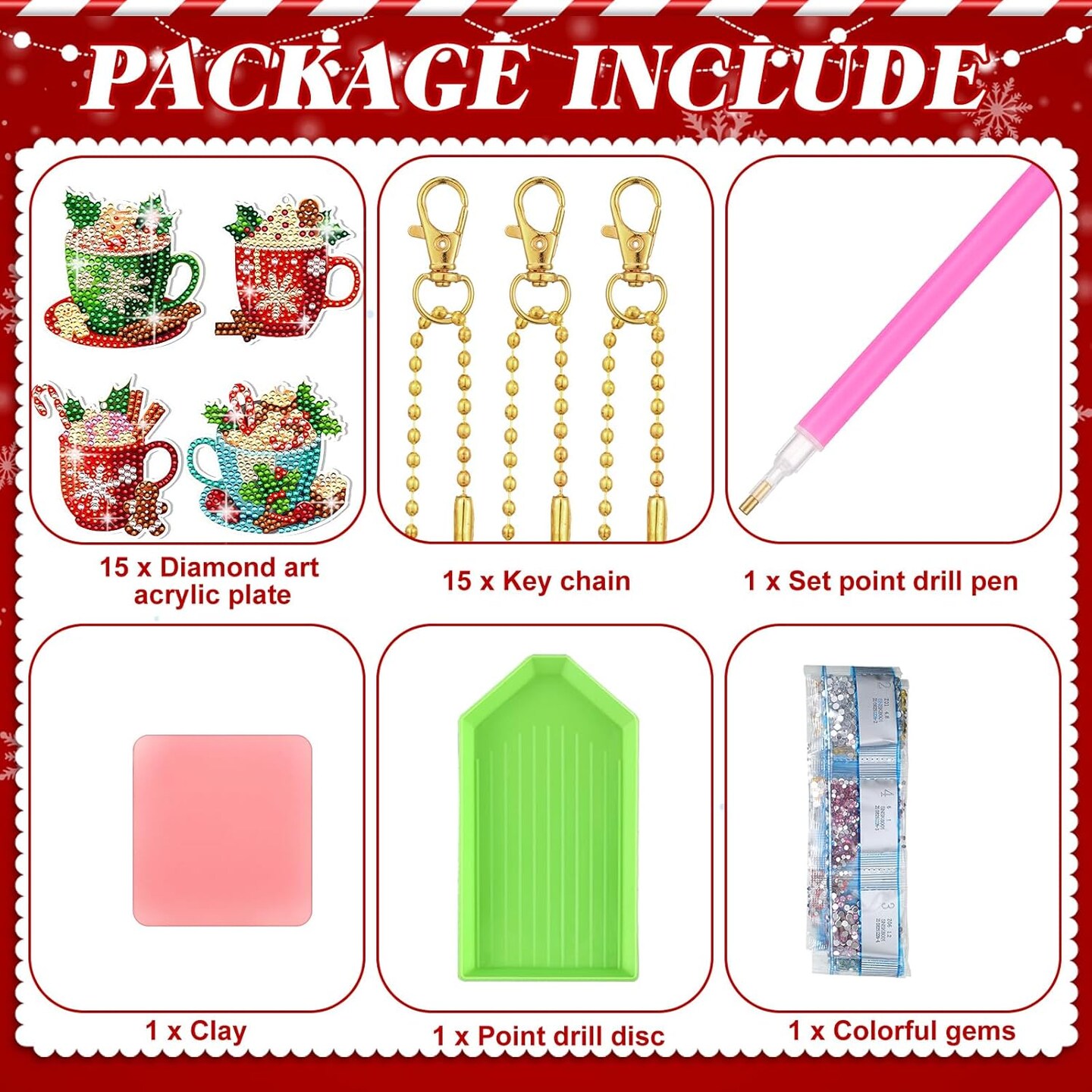 15 Pieces Christmas Diamond Painting Keychain Kit - DIY Hot Cocoa