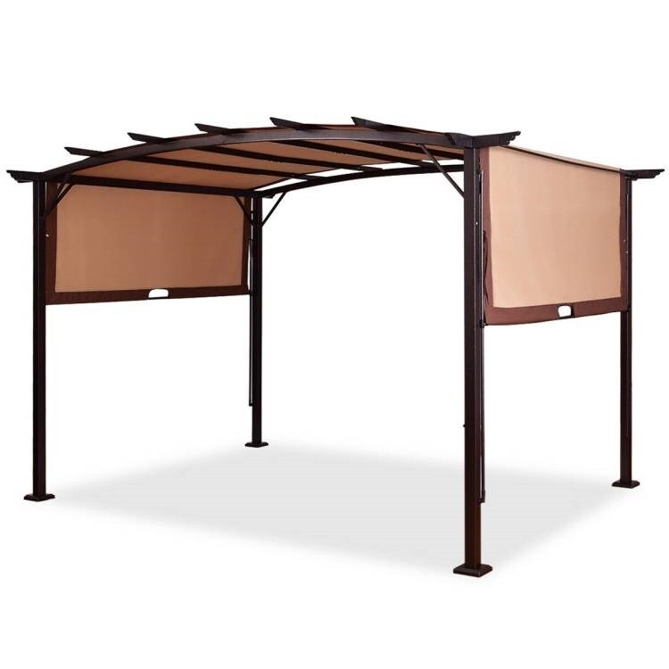 12ft x 9ft Brown Outdoor Steel Pergola Gazebo Canopy with Retractable Waterproof Shade