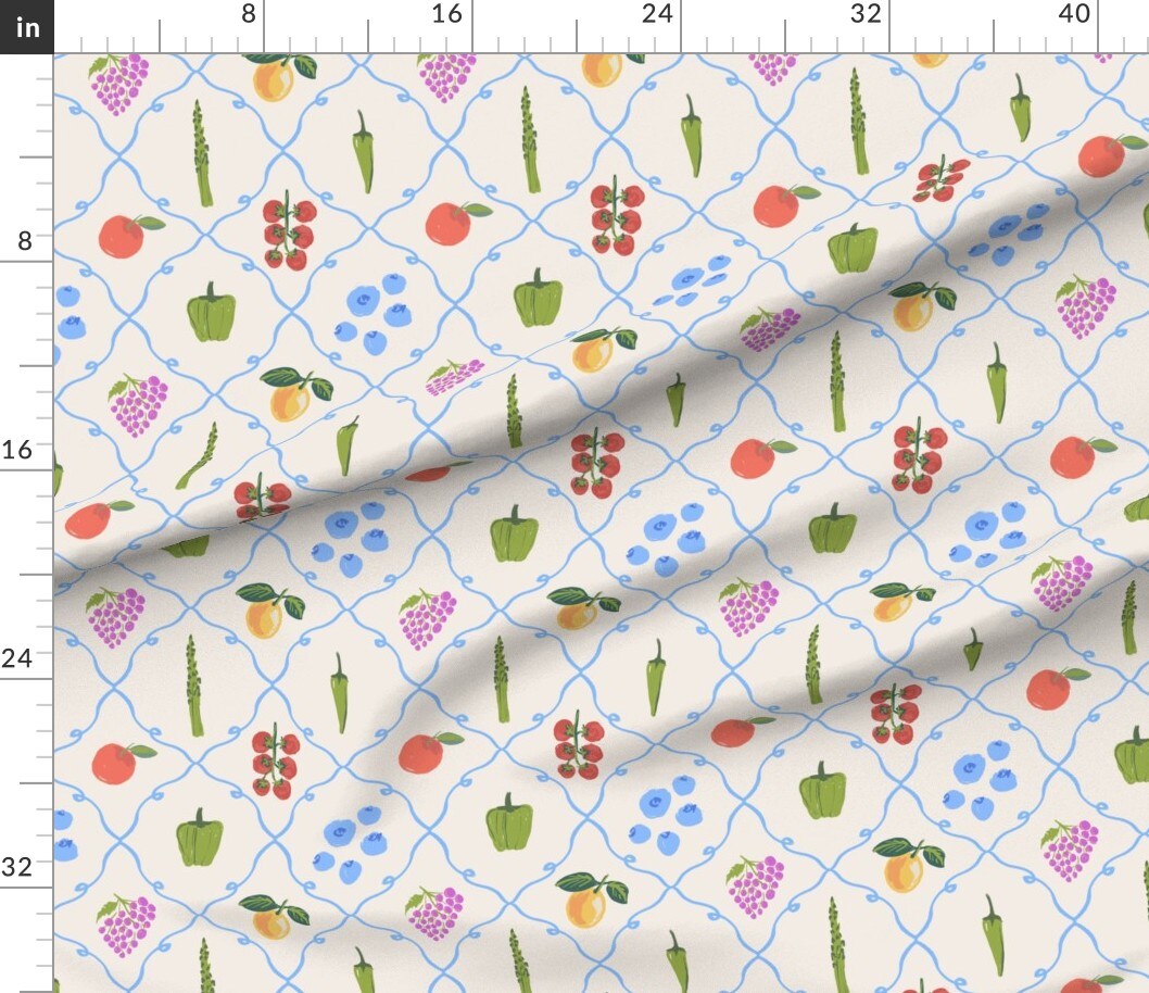 Fruits Veggies Garden Spring Summer Homegrown Vegetables Kitchen Food Hand Drawn Green Blue Red Pepper Blueberries Tomato Orange Custom Printed Fabric by Spoonflower Various Fabrics by the Yard or Fat Quarter 21613101