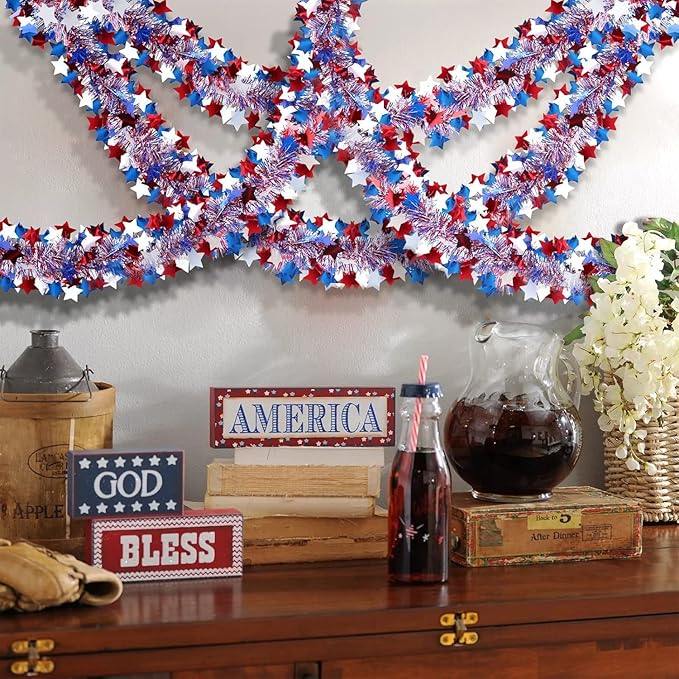 65 Feet 4th of July Garland Memorial Day USA Patriotic Red White Blue Independence Day Tinsel Metallic Tree Car Golf Cart Parade Float Decor Trailer Bike Outdoor Summer Glitter Star Garlands